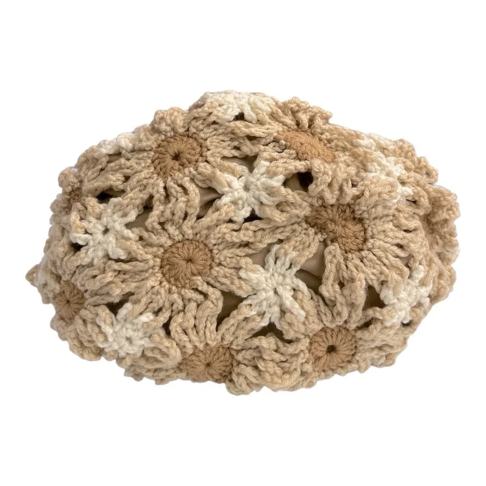 Vintage Handmade Floral Crochet Granny Style Bag, tan /cream wooden handles